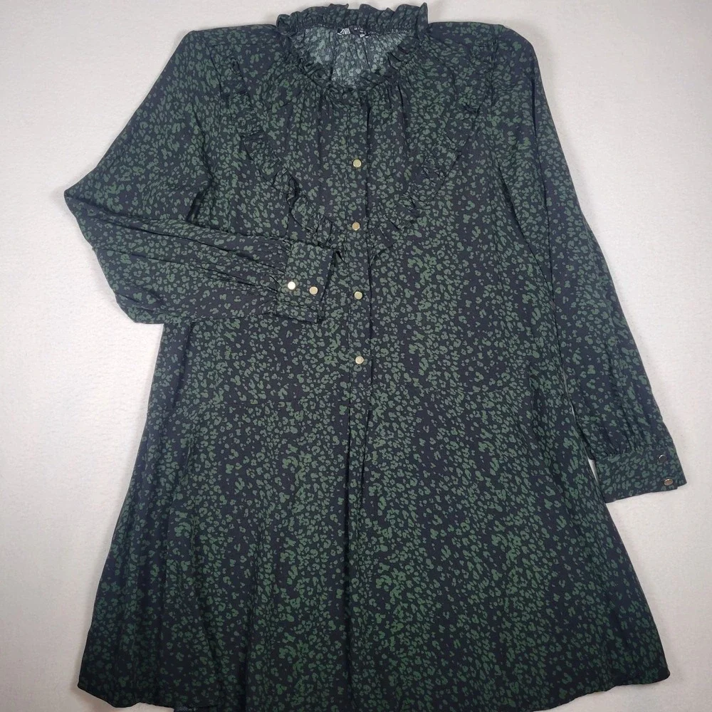 Zara | Dresses | Zara Ruffled Animal Print Shirt Dress Green Black Long  Sleeve Size S | Poshmark